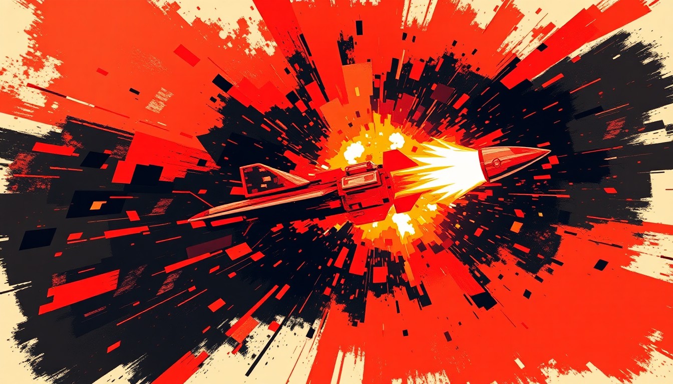 A dynamic, fragmented painting depicting the explosive impact of a missile or drone strike, conveying the intensity and speed of the IRGC's military operation.