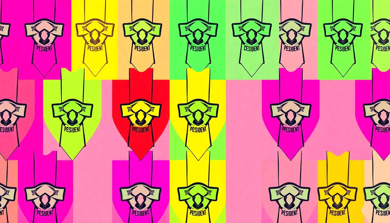 A repeating grid of a student council president's badge or sash in bright, neon colors with heavy black outlines, capturing the energy and creativity of student leadership.