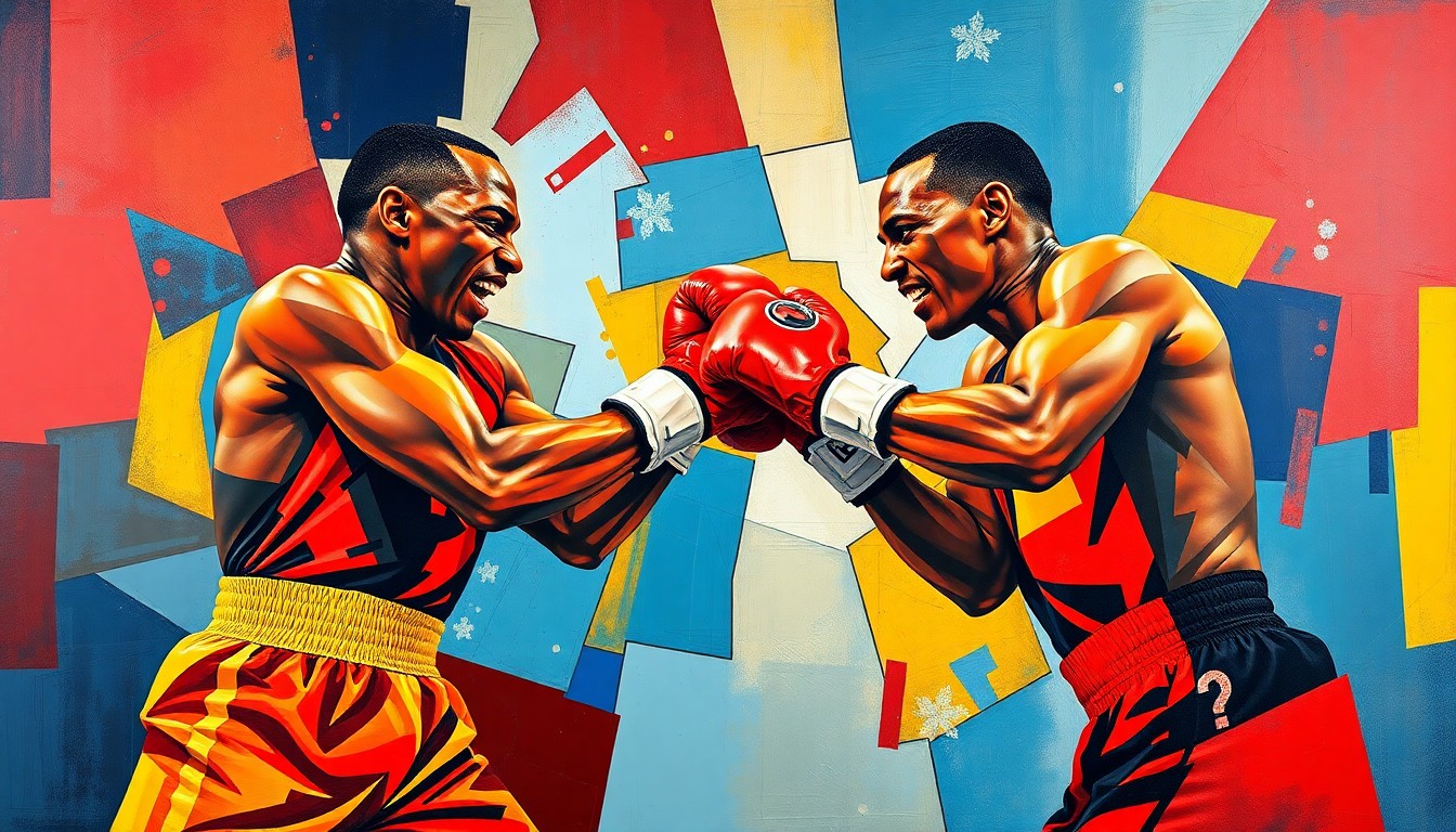 A fragmented, geometric painting depicting the intense action of a heavyweight boxing match, with sharp planes of color and form capturing the raw power and energy of the sport.