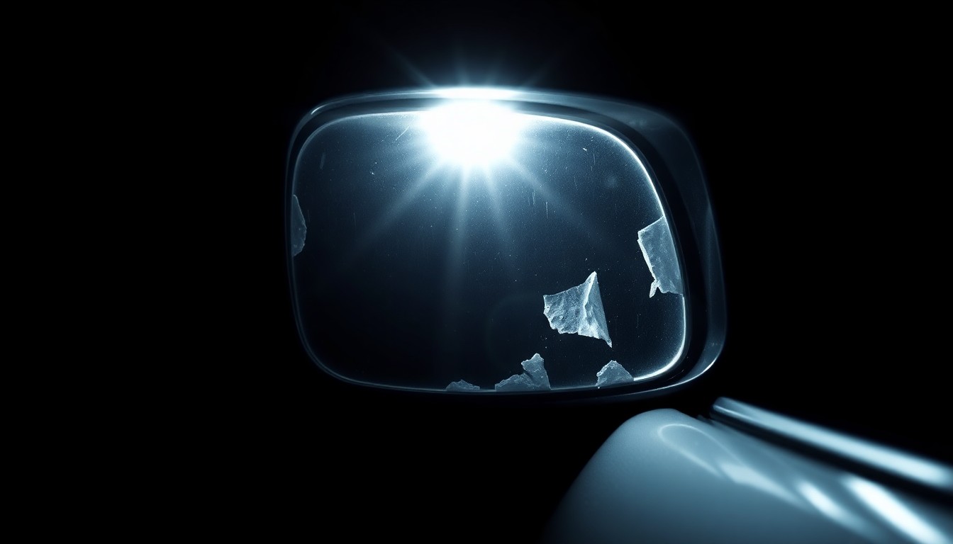 An extreme close-up photograph of a damaged car side mirror, the harsh lighting and dark background creating a stark, gritty mood that conceptually represents the serious consequences of impaired driving.