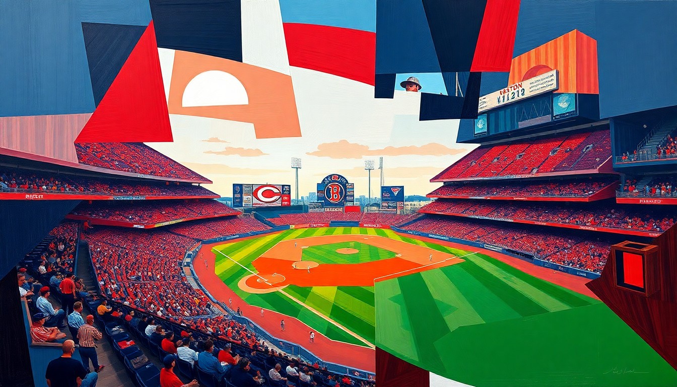 A cubist-style painting depicting a baseball game between the Boston Red Sox and Cincinnati Reds, with the players and action broken down into sharp, overlapping geometric shapes and planes in vibrant shades of red, white, and navy blue, capturing the intensity of the game.