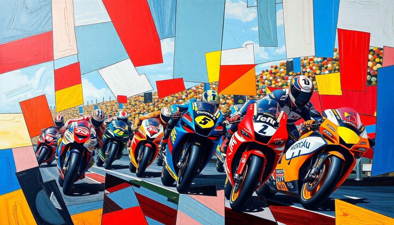 A cubist-style painting depicting a Moto2 race scene, with the motorcycles and riders broken down into sharp, overlapping geometric shapes in a vibrant color palette, conveying the speed and intensity of the competition.