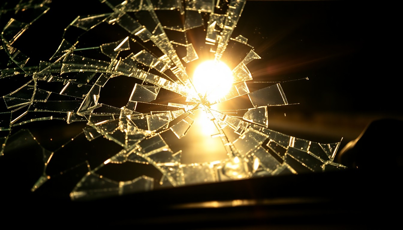 An extreme close-up of a shattered car windshield reflecting the harsh glare of a camera flash, conceptually representing the violent impact of a wrong-way DUI crash.