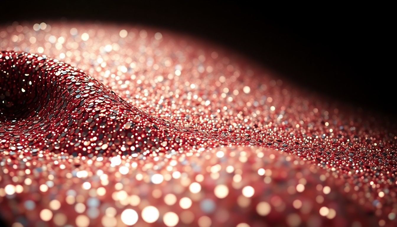An abstract close-up photograph of shimmering, glittering sequins captured in dramatic studio lighting, conveying the glamour and drama of celebrity culture.
