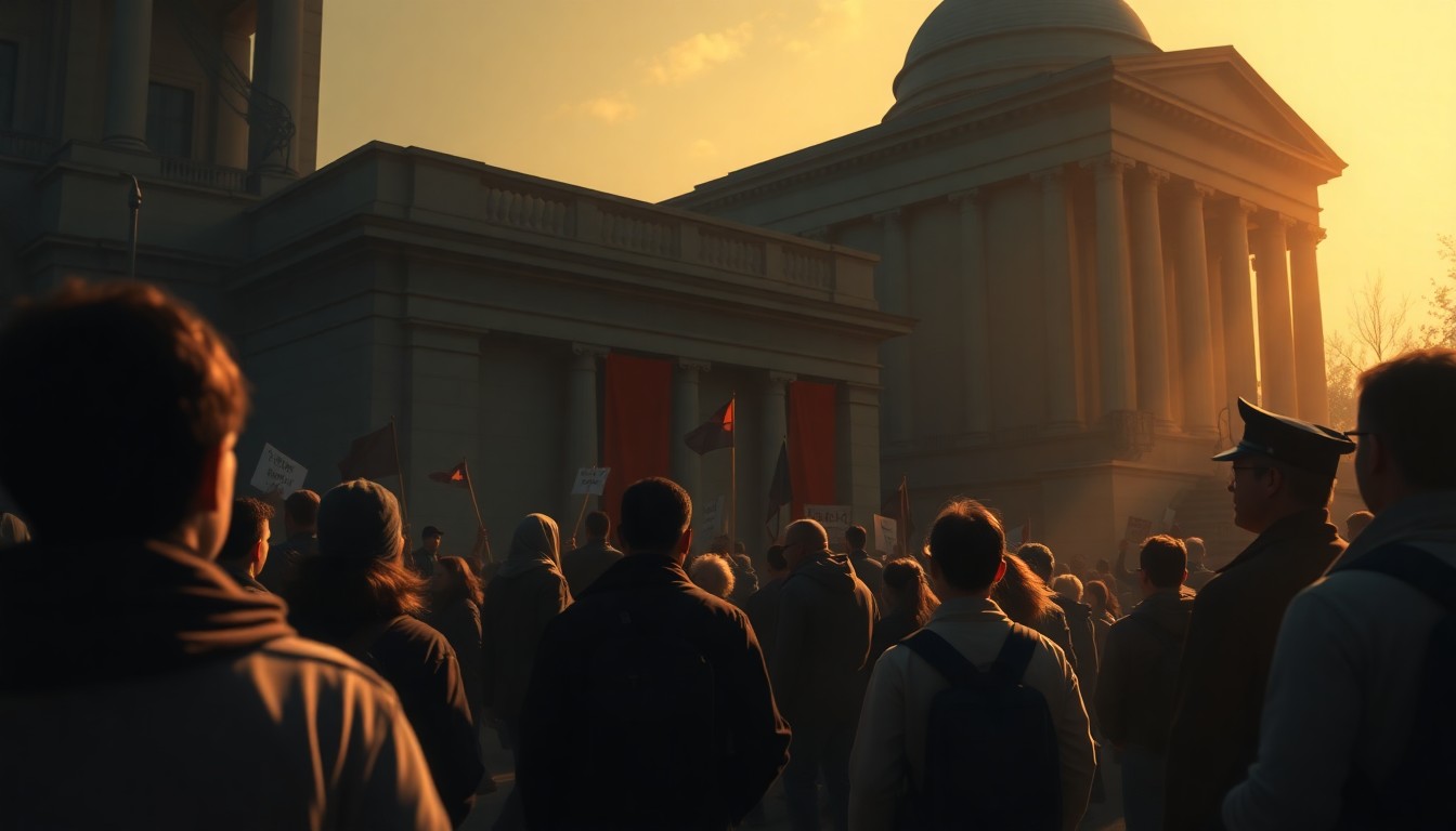 A realistic oil painting depicting a group of people gathered outside a government building, with warm sunlight and deep shadows creating a cinematic, nostalgic mood.