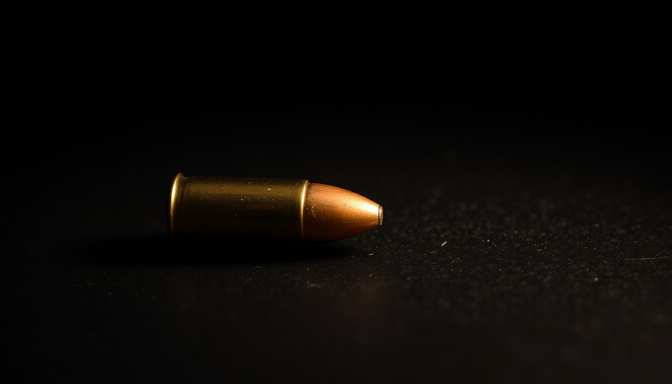 An extreme close-up of a spent bullet casing reflecting a bright flash of light, conceptually representing the urgency to apprehend a violent criminal suspect.