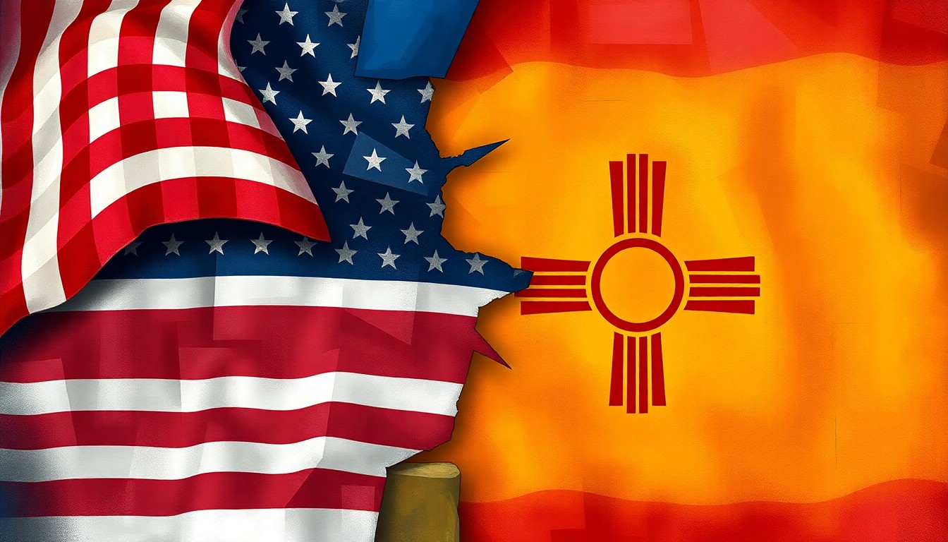 A vibrant, abstract painting featuring overlapping geometric shapes and waves of color representing the American and New Mexico state flags, conveying a sense of political turmoil and division between the two states.