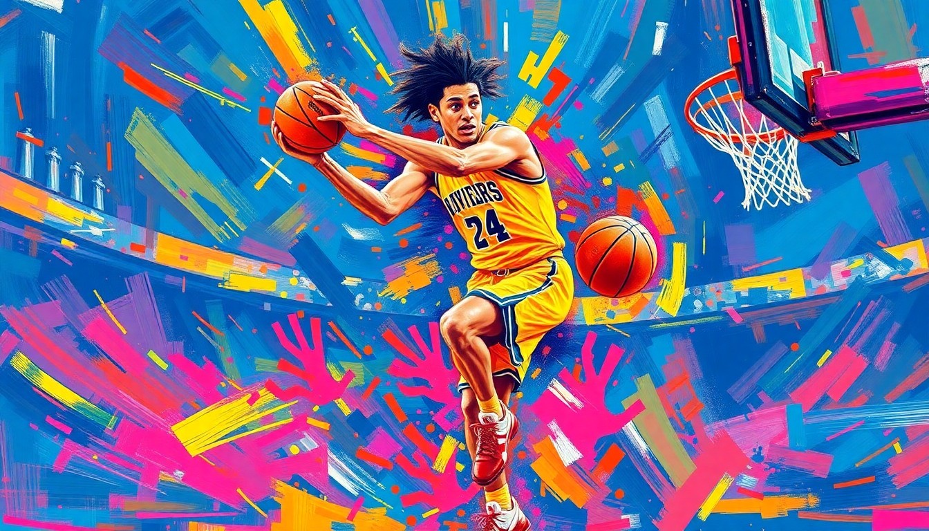 An abstract, energetic painting featuring bold, sweeping brushstrokes in neon shades of orange, yellow, and blue, capturing the dynamic movement and intensity of a high school basketball player in action.