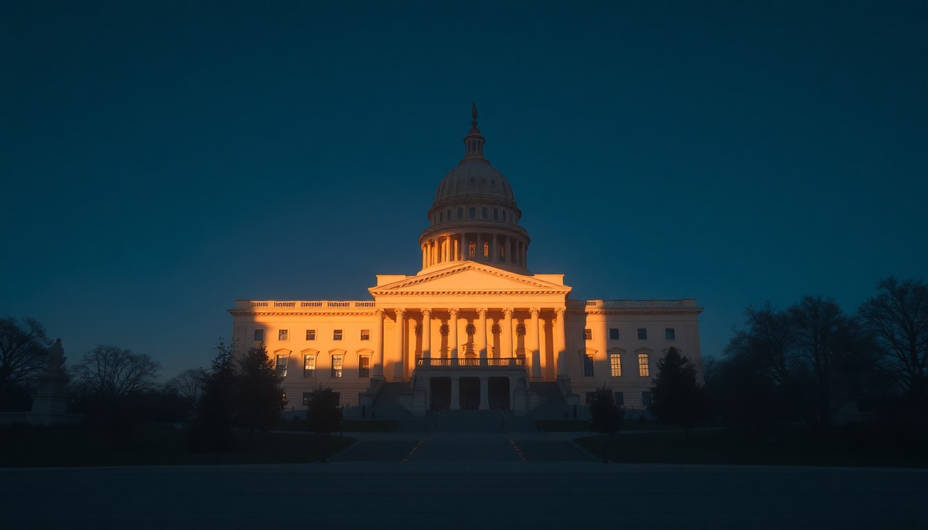A photorealistic painting of an empty state capitol building in warm, golden light, with deep shadows across the facade, evoking a sense of quiet contemplation around an important political decision.
