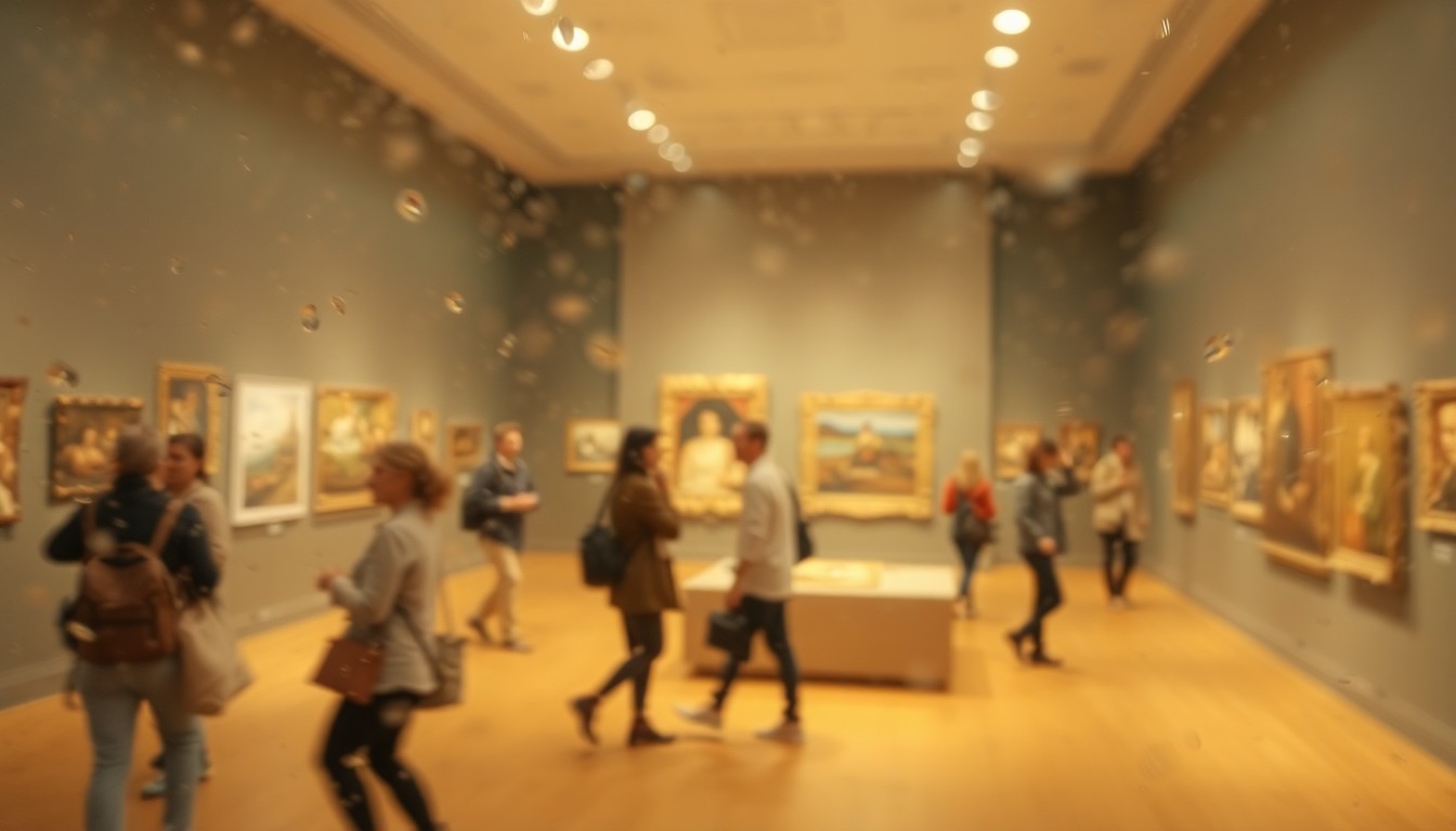 An abstract, impressionistic scene of blurred, colorful shapes and forms, suggesting the experience of wandering through an art museum.