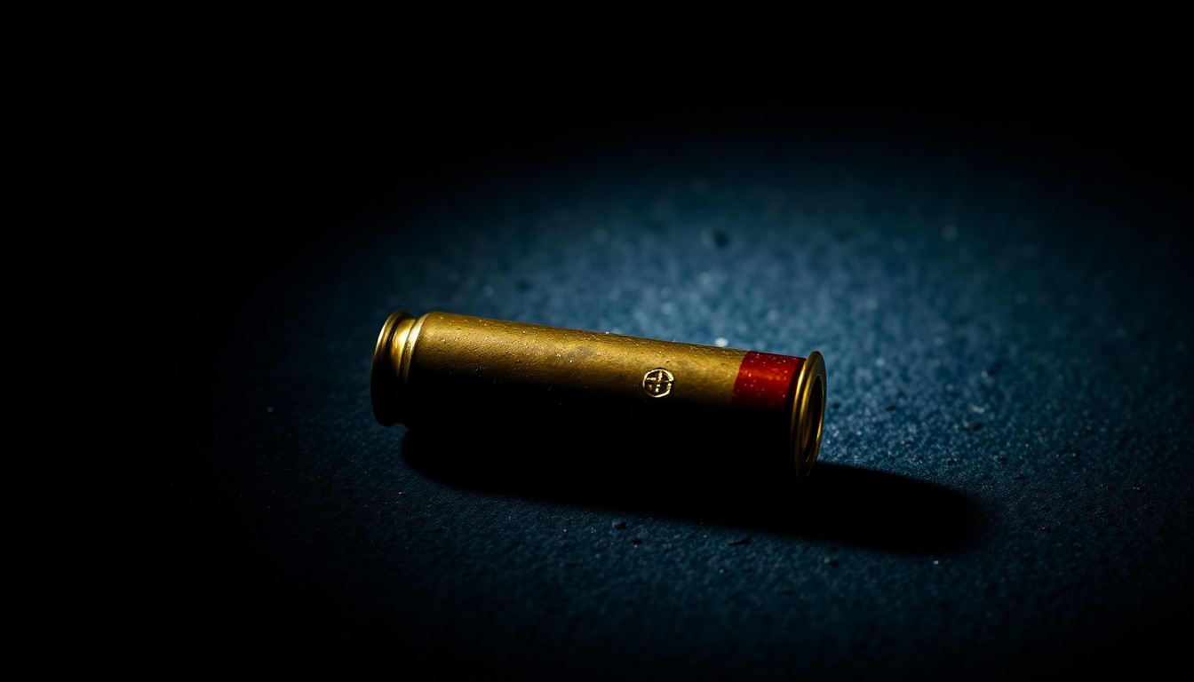An extreme close-up photograph of a single spent shell casing on a dark, textured surface, conceptually illustrating the aftermath of a shooting incident.
