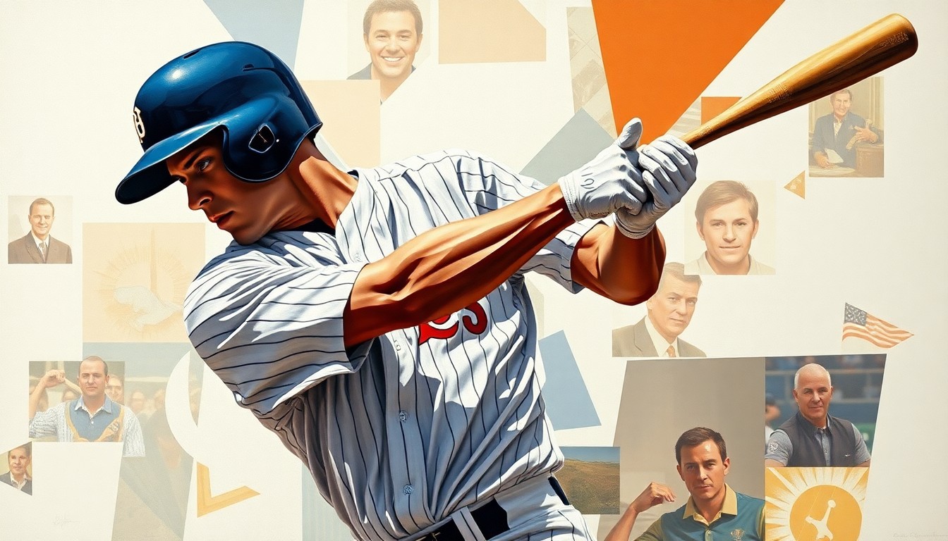 A fragmented, cubist-style painting depicting the dynamic motion of a baseball player's swing, with sharp geometric planes and an abstract, unrecognizable figure.
