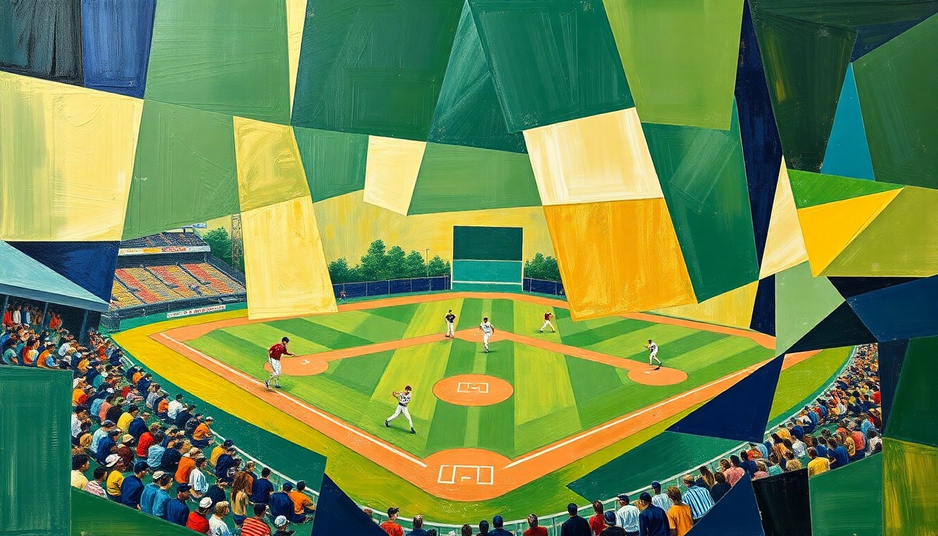 A fragmented, geometric painting depicting a high school baseball game, with sharp planes of green, gold, and navy blue representing the players, field, and stadium.