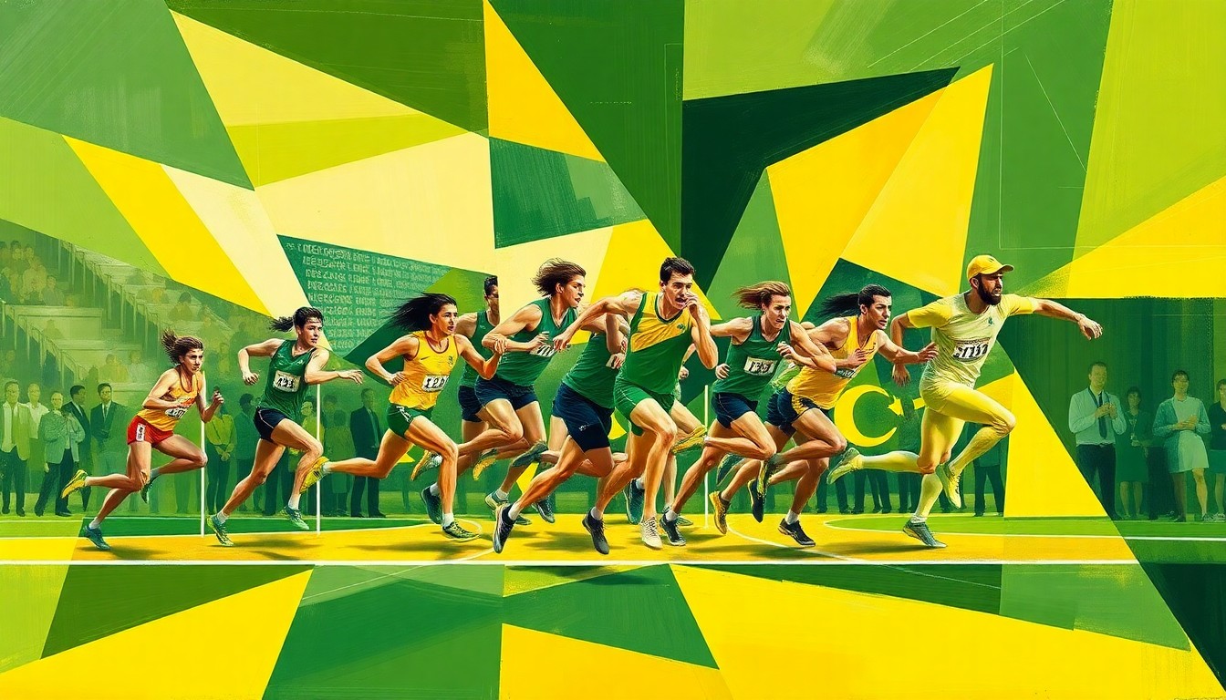 A cubist, geometric painting depicting a track and field competition, with sharp, overlapping planes of green and yellow representing the University of Oregon's team colors.