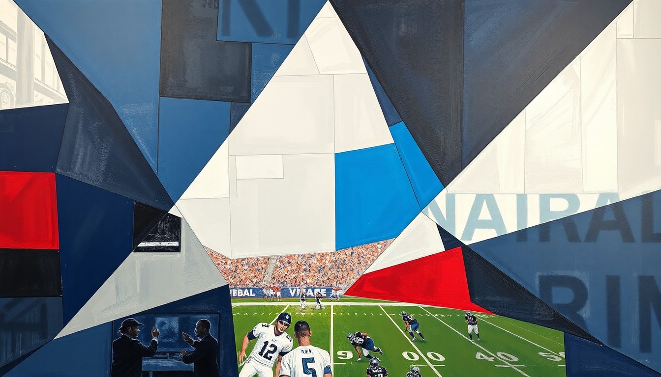 A cubist, geometric painting featuring overlapping planes of navy blue, silver, and crimson red, conceptually representing the fractured, multi-perspective nature of a major sporting event like the Super Bowl.