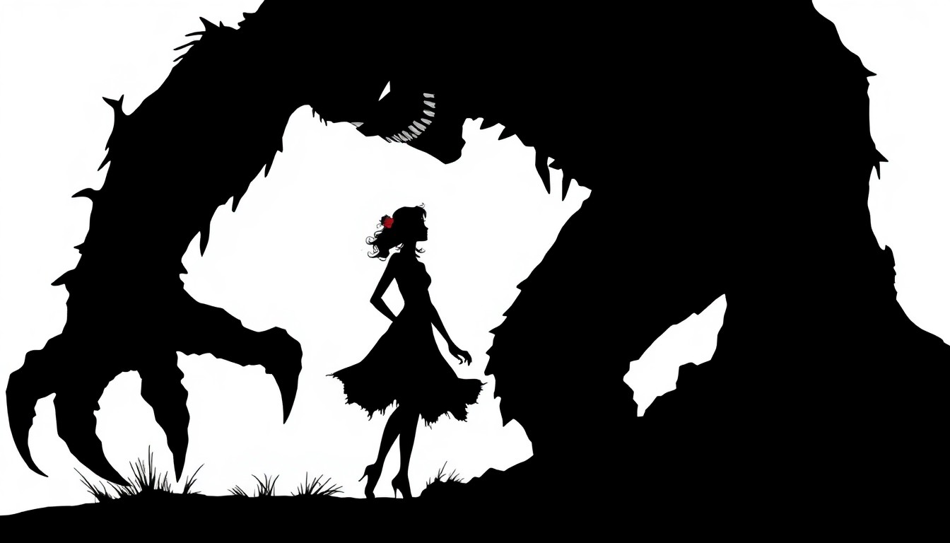 A dramatic black silhouette of a hulking, angular Frankenstein-like figure towering over a small, feminine silhouette of a flapper girl, conveying the film's ambitious but disjointed attempt to reinvent the iconic monster story.