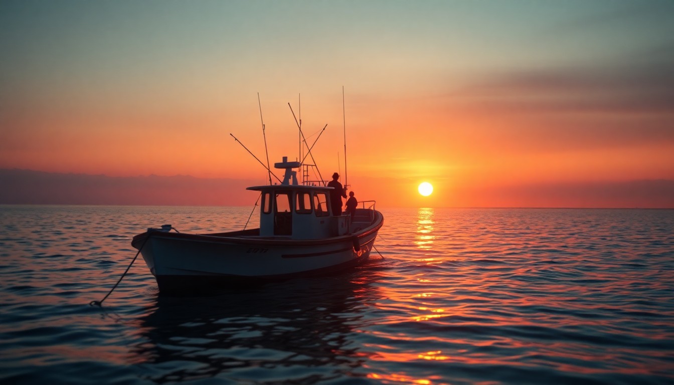 An abstract, impressionistic photograph of a fishing boat at sunset, with warm, blurred colors and light reflecting on the water's surface, conceptually representing the creative and communal spirit of the FisherPoets Gathering.