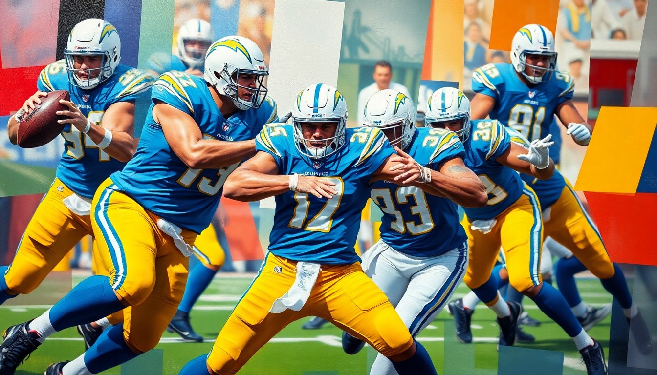 A fractured, cubist-style painting depicting the explosive movements and overlapping perspectives of a football pass rush, using the Chargers' team colors to represent the dynamic pairing of Cashius Howell and Khalil Mack.