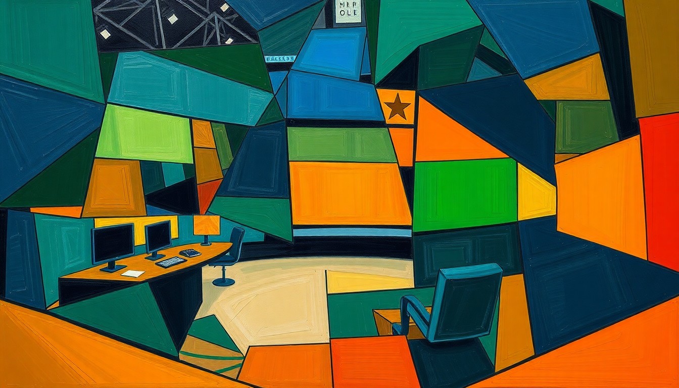 A cubist, geometric painting depicting the fractured, overlapping elements of a sports broadcast studio, with sharp planes of navy, green, and orange representing the technical equipment and energy of live sports production.