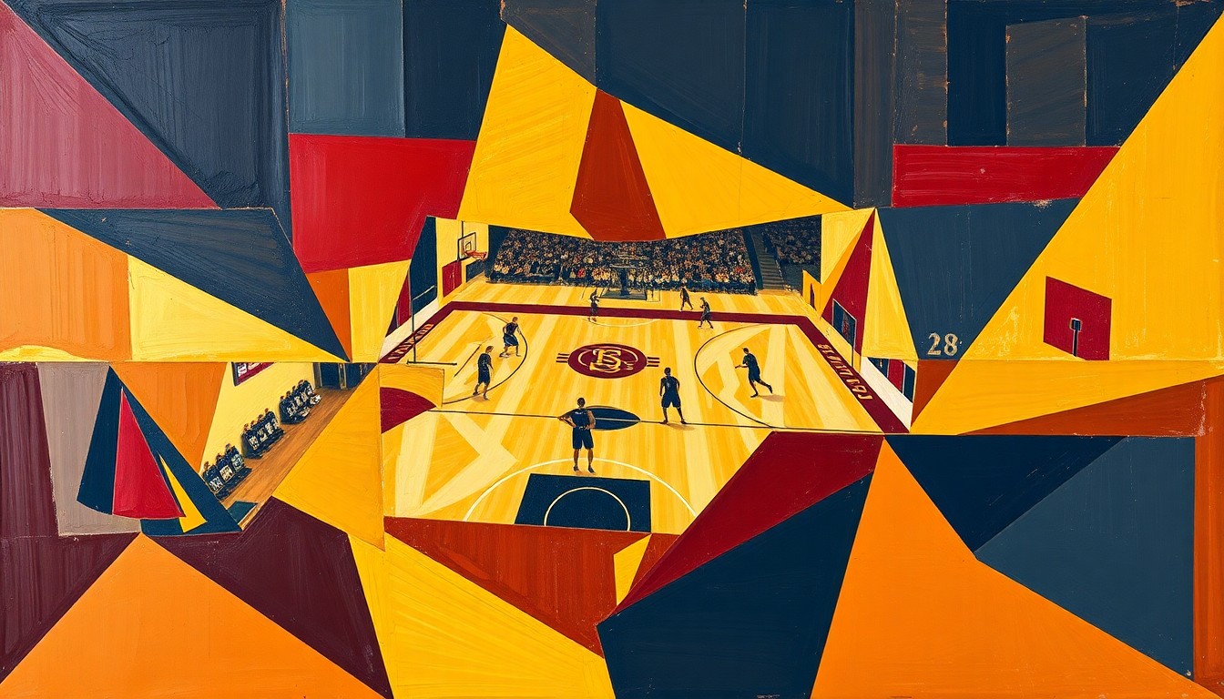 A cubist, geometric painting depicting fragmented, overlapping shapes and planes in maroon, gold, and navy blue, conceptually representing the strategic challenges facing a college basketball program after the loss of a key assistant coach.