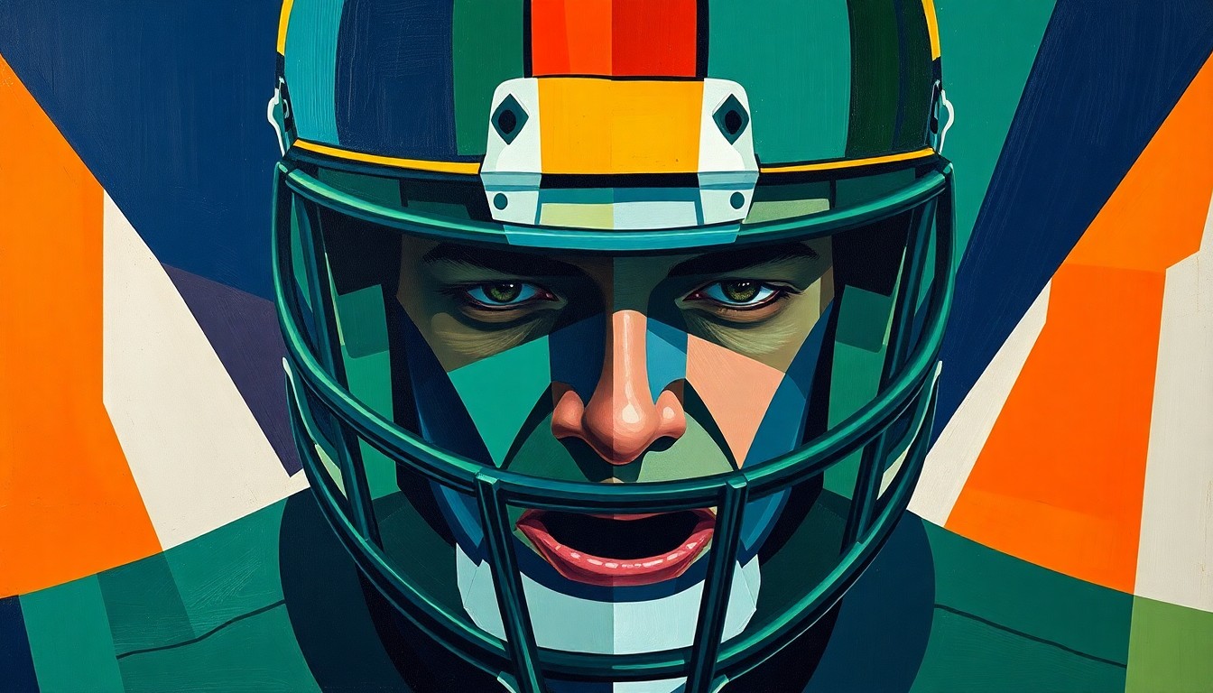 A fractured, multi-perspective painting depicting an offensive lineman, with sharp, overlapping geometric planes in navy blue, forest green, and burnt orange, capturing the raw power and technique of the player.