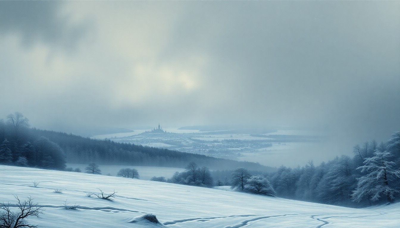 A sweeping, atmospheric landscape painting in muted tones of gray, white, and blue, depicting a small town nestled in a snowy valley, with heavy clouds obscuring the details and conveying a sense of the overwhelming power of nature.