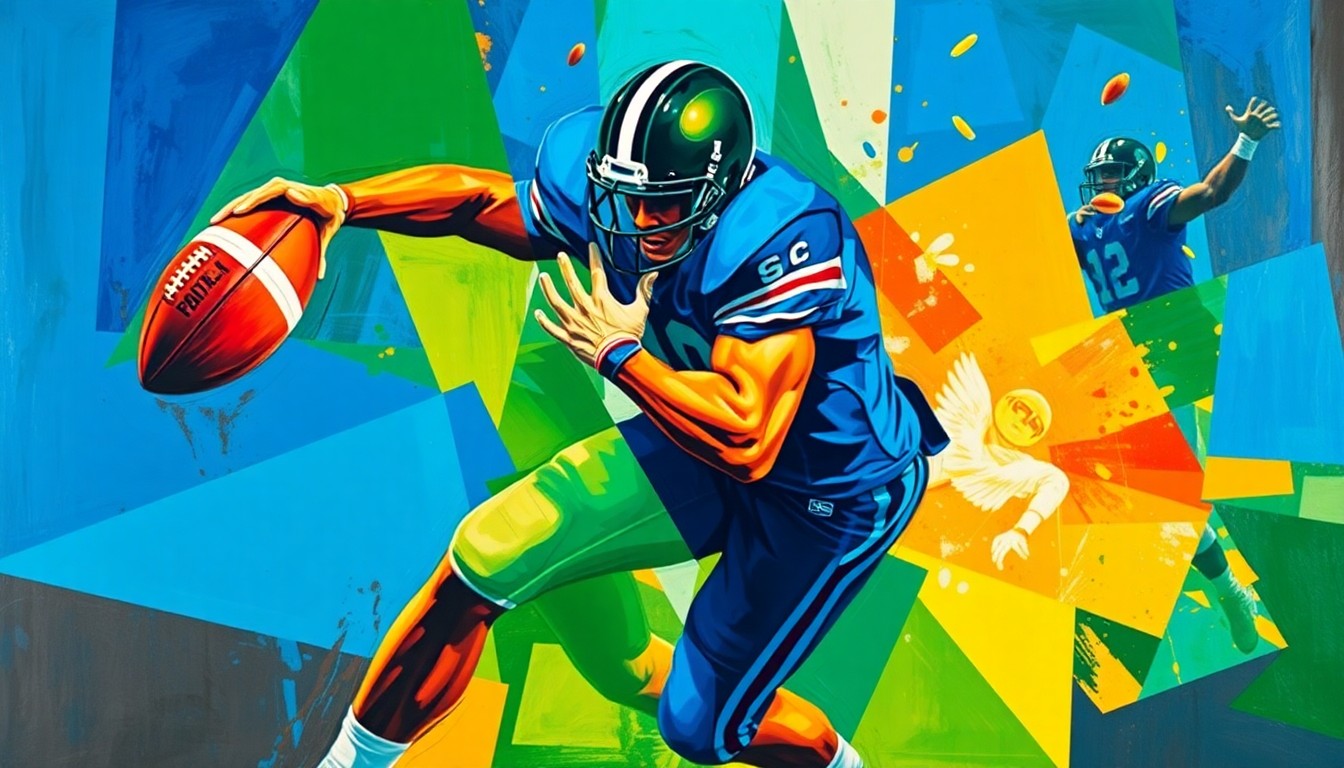 A fragmented, geometric painting depicting a college football player in motion, with sharp planes of color and overlapping perspectives conveying the intensity of the sport.