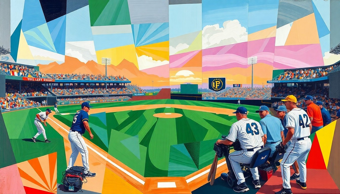 A fragmented, geometric painting in bold colors depicting the action and movement of a college baseball game, with players and the field deconstructed into sharp, overlapping shapes.