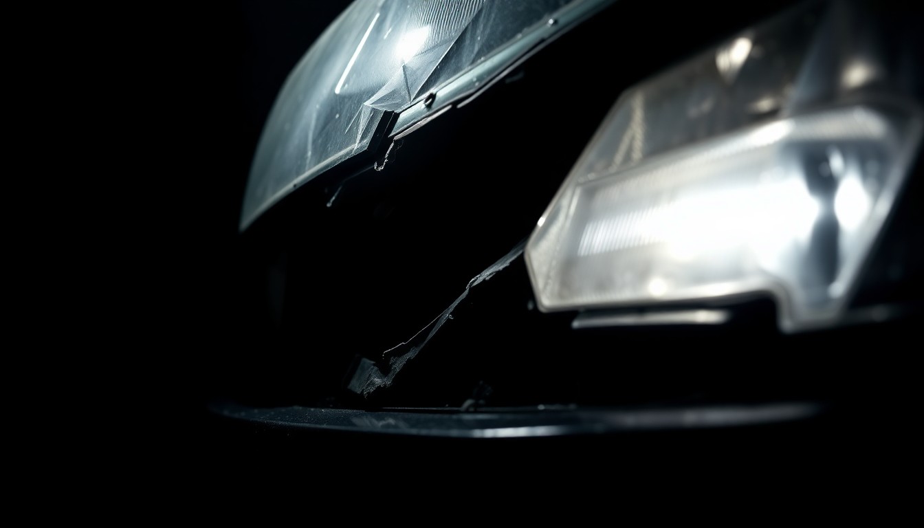 An extreme close-up of a twisted, damaged car part reflecting a harsh, direct flash of light, conceptually illustrating the aftermath of a fatal vehicle collision.