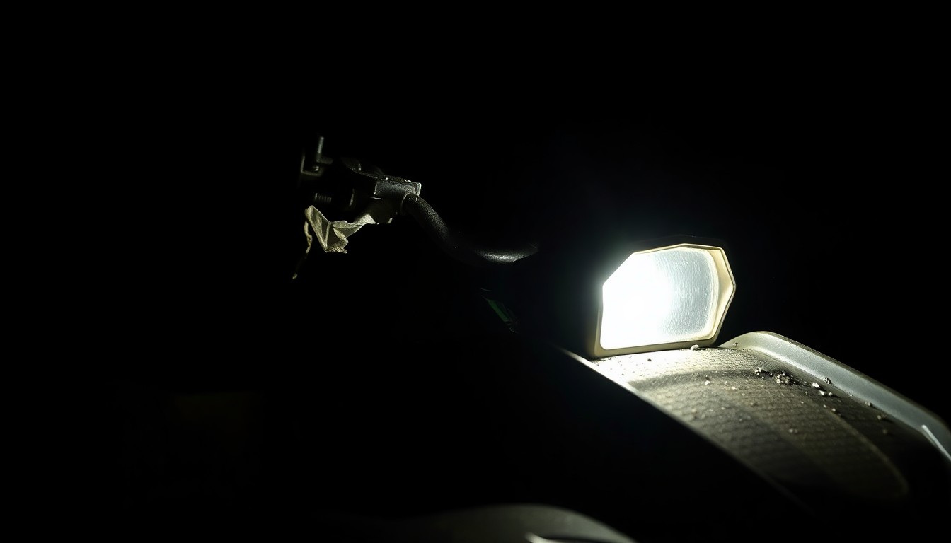 An extreme close-up photograph of a damaged ATV part, such as a broken handlebar or crumpled fender, lit by a harsh, direct camera flash against a pitch-black background, conceptually illustrating the aftermath of a fatal off-road vehicle accident.