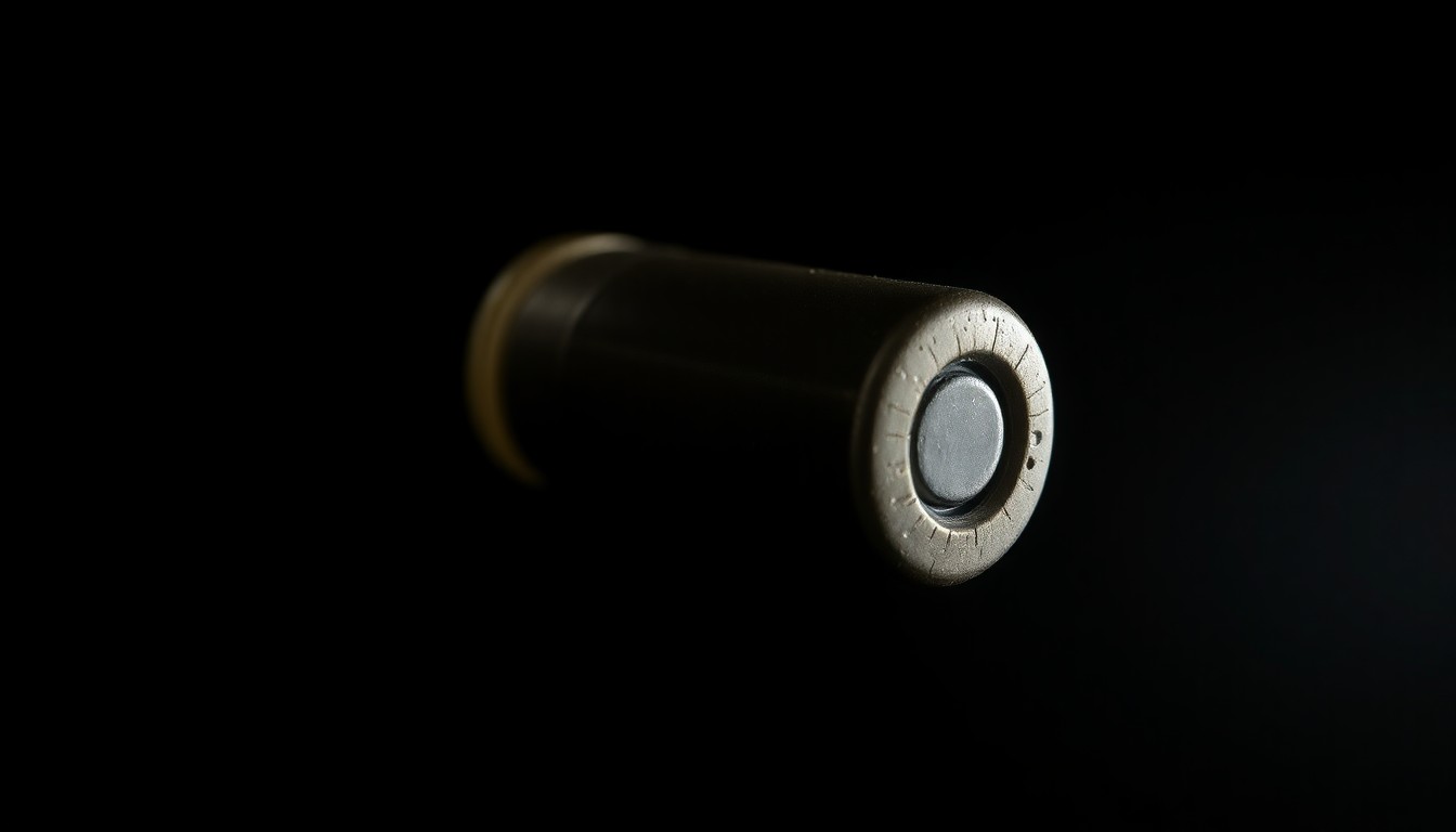 An extreme close-up photograph of a single shell casing from a bullet, lit by a harsh, direct camera flash against a pitch-black background, creating a stark, gritty, investigative aesthetic.