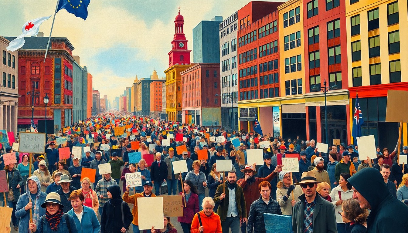 A vibrant, abstract painting depicting a crowd of protesters marching through the streets of an Idaho city, with the figures and buildings repeated in overlapping, fractured geometric patterns of color.