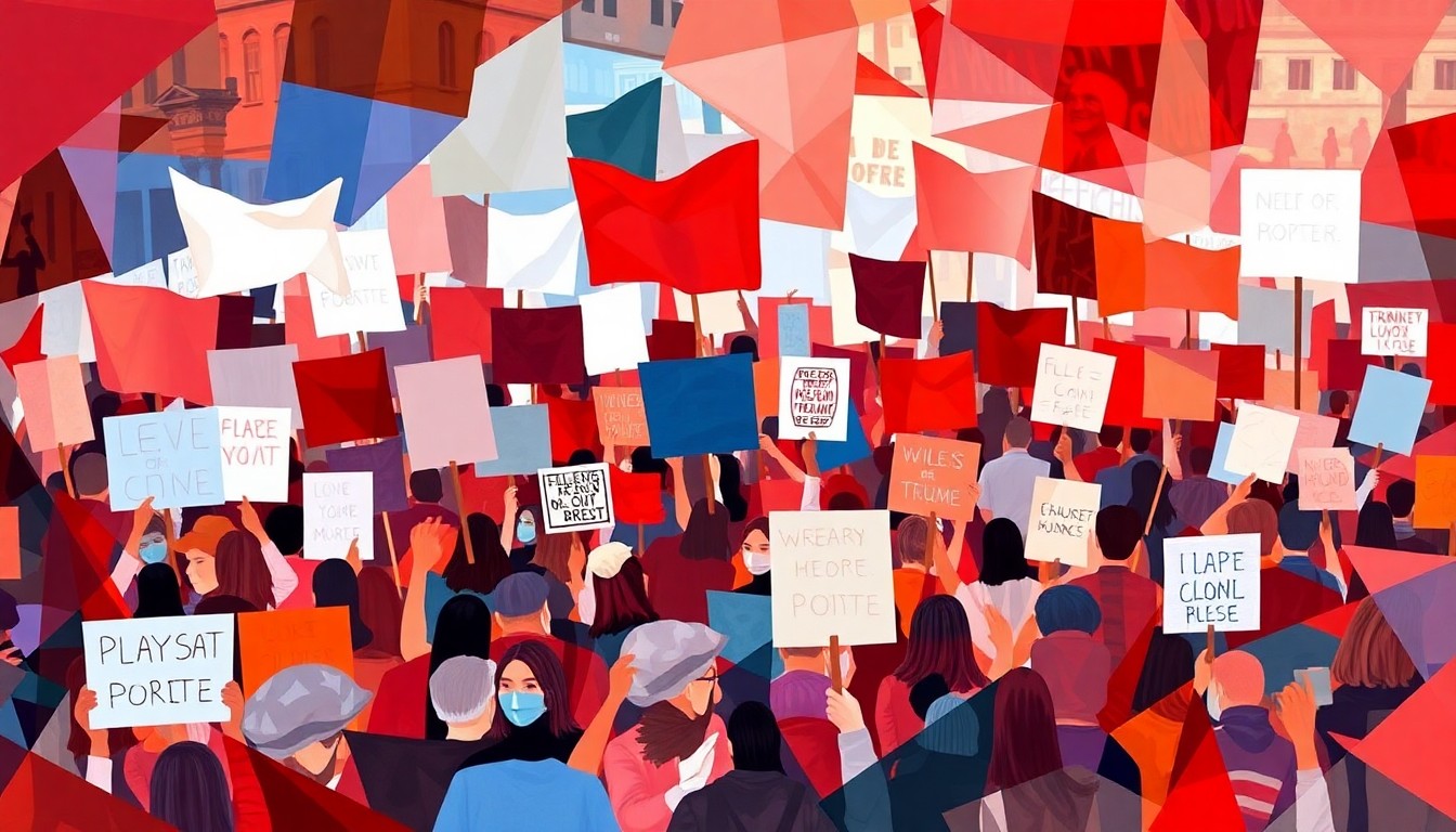 A dynamic, abstract painting depicting a crowd of protesters with signs and banners, rendered in overlapping, geometric waves of bold red, white, and blue colors, conveying the passionate energy of the 'No Kings Day' demonstration.