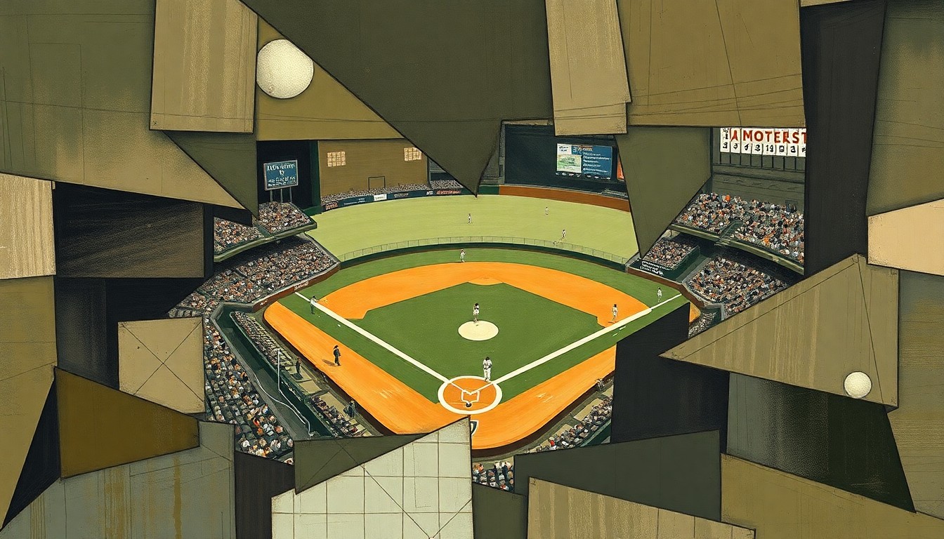 A cubist, geometric painting depicting a fragmented baseball game, with overlapping planes of muted earth tones representing the action on the field.