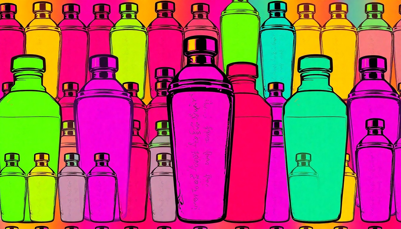 A high-contrast, silkscreen-style illustration of a cocktail shaker repeated in a grid pattern, using bold, neon-like colors to capture the modern, artistic energy of the bartending profession.