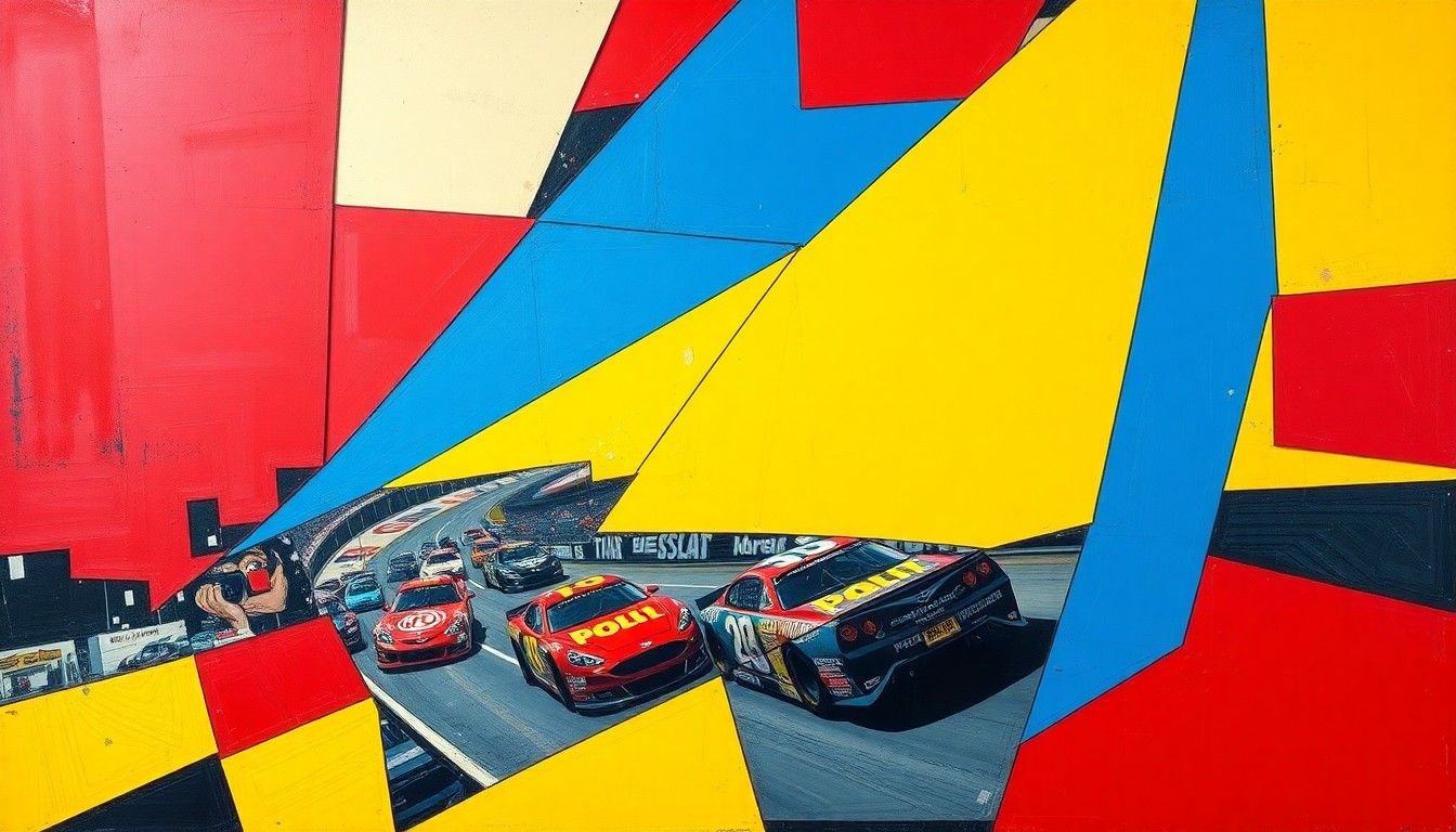A cubist, geometric painting in vibrant colors depicting a NASCAR race scene fractured into overlapping planes, conceptually representing the chaos and unpredictability of a tire striking another car.