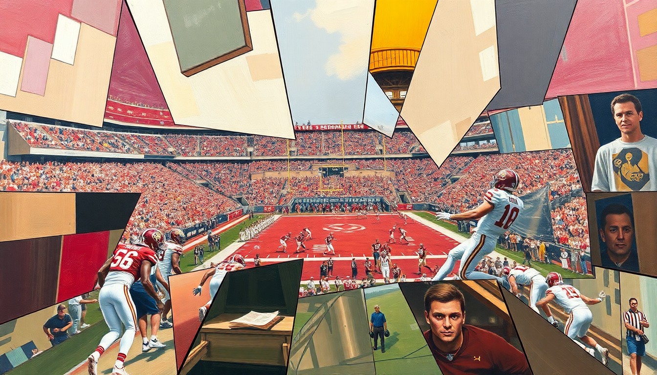 A fragmented, geometric painting depicting overlapping planes of a Florida State football player in action, conveying the raw energy and movement of the sport.