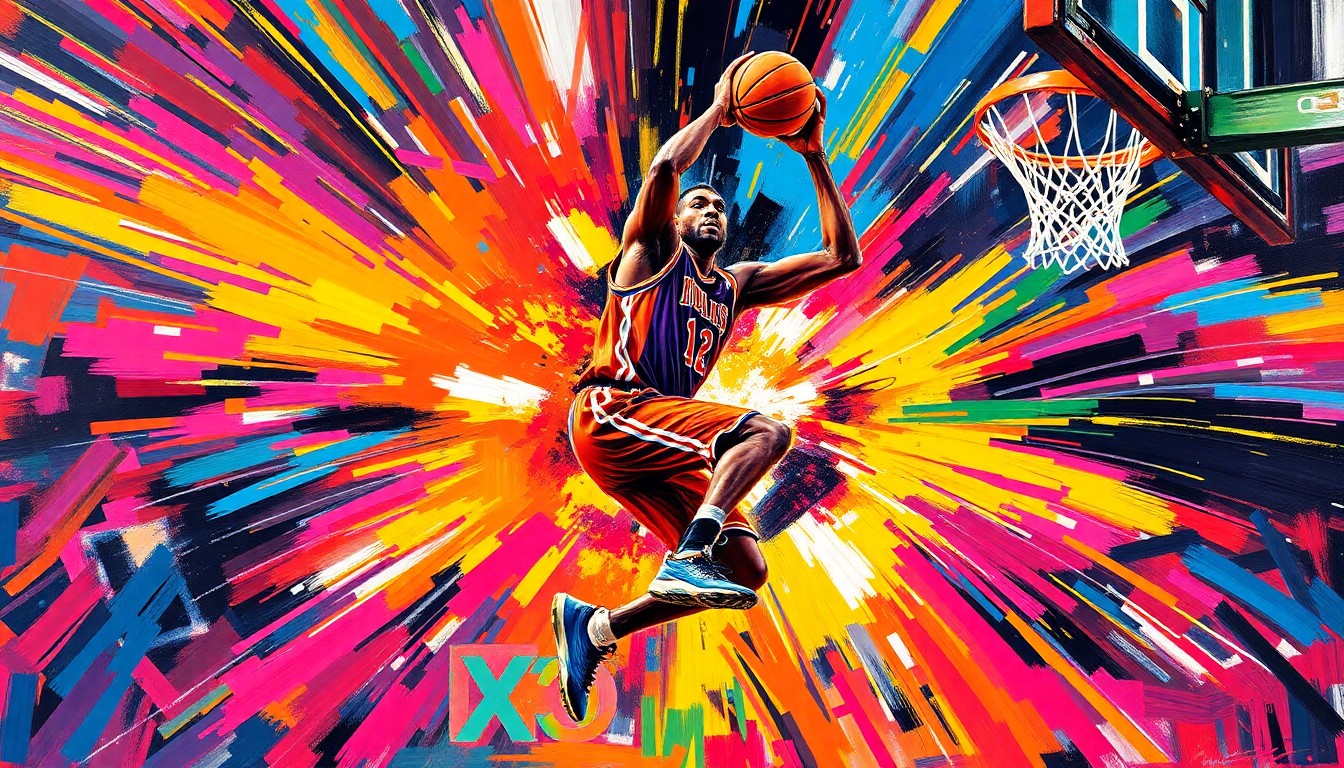An abstract, energetic painting featuring bold, neon-colored brushstrokes that capture the dynamic motion and intensity of a basketball player driving to the hoop.