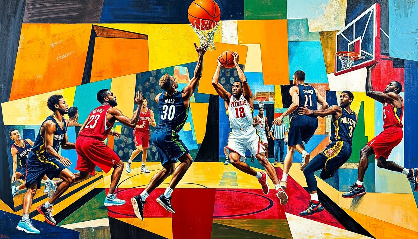 A fractured, multi-perspective painting in a cubist style, breaking down a basketball game between two teams into sharp, overlapping geometric planes and abstract player figures, conveying the dynamic energy and uncertainty of the game.