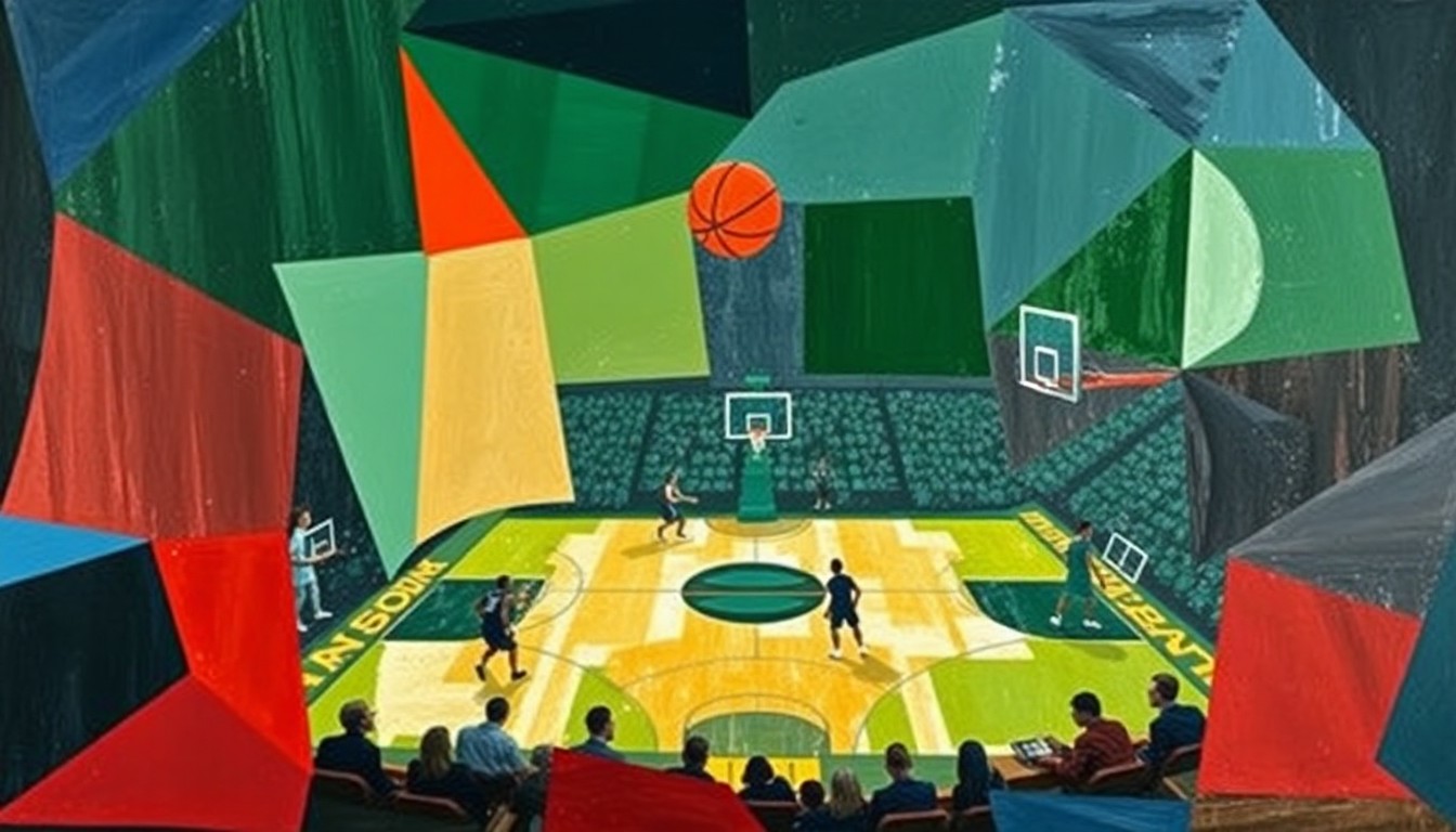 A cubist, geometric painting depicting a fragmented basketball game, with sharp planes of navy, green, and red overlapping to create a dynamic, abstract composition.