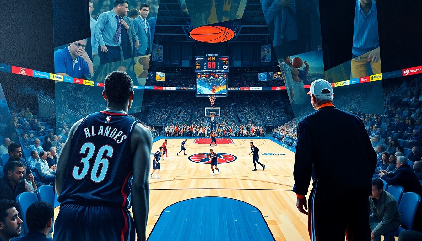 A cubist-style painting depicting an abstract, fragmented scene of a basketball game, with the players' forms broken down into geometric shapes and planes of color.