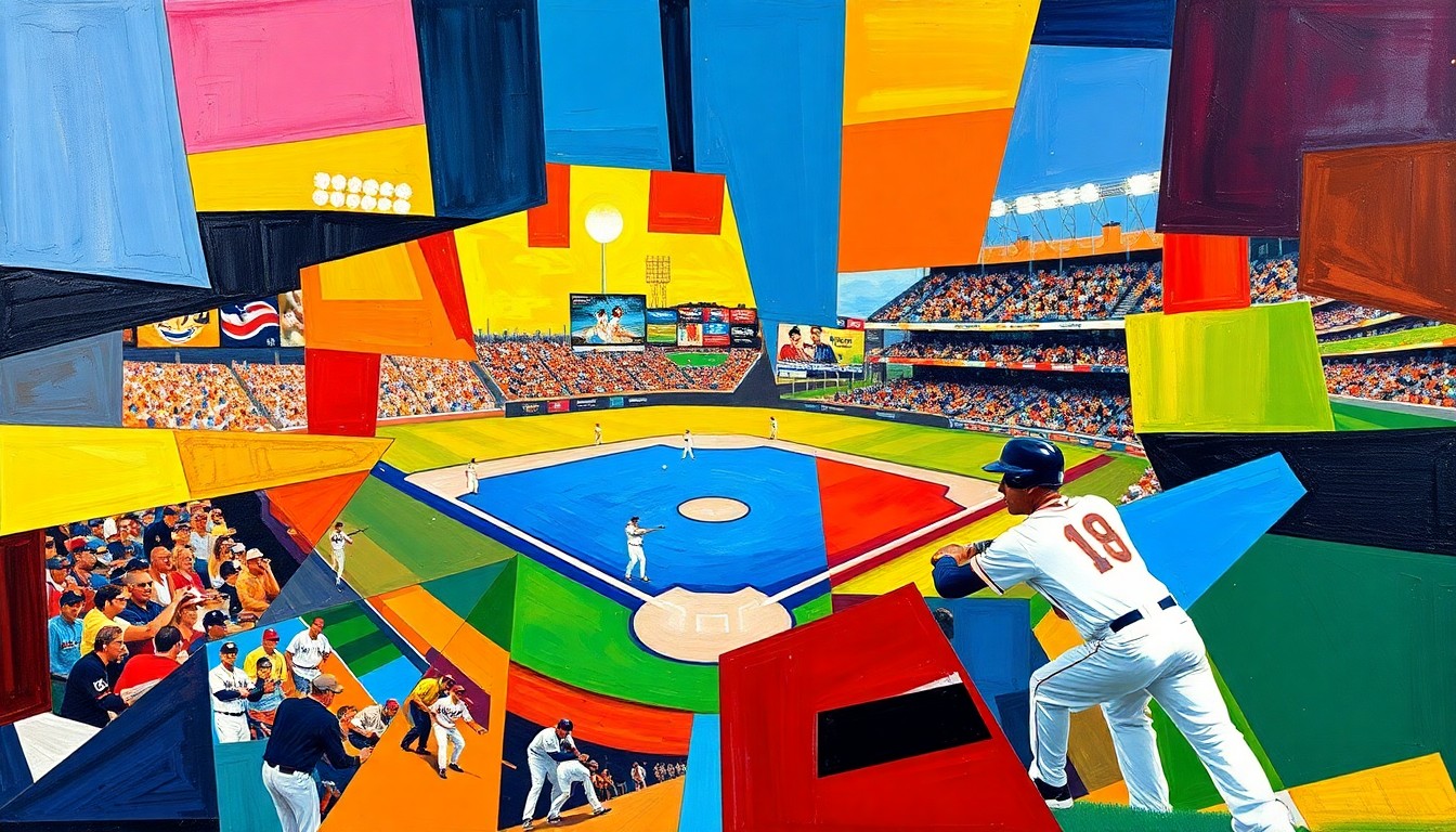 A cubist, geometric painting in bright primary colors depicting a fragmented, multi-perspective view of a baseball game or match, conceptually representing the strategic complexities of managing a team's lineup.