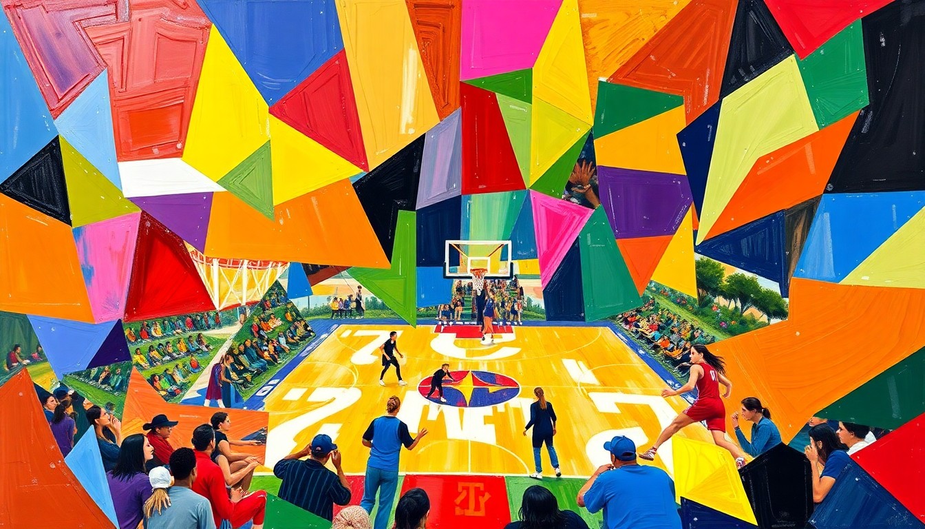A fragmented, geometric painting in bold colors representing the dynamic energy and teamwork of a women's basketball game.