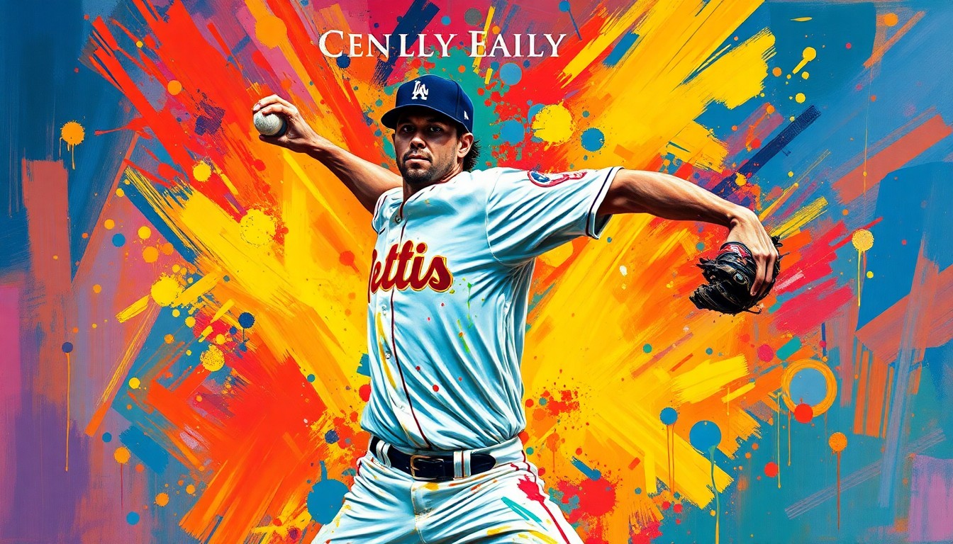 An extreme close-up of a baseball pitcher in mid-delivery, with his form and uniform dissolving into a vibrant, expressionist blur of neon colors and rapid brushstrokes, capturing the raw energy and motion of the game.