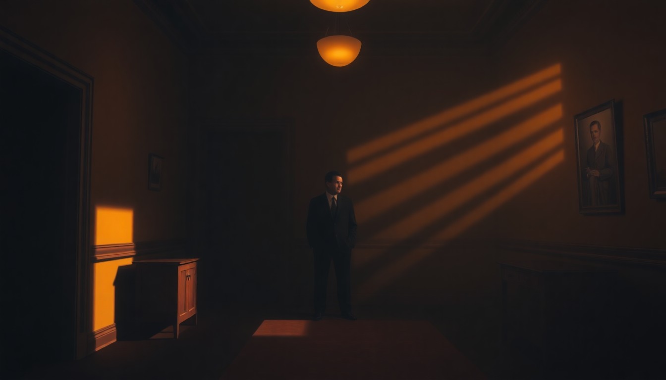 A moody, cinematic painting depicting a lone politician standing in a dimly lit government office, with warm sunlight casting dramatic shadows across the scene, conveying a sense of contemplation and determination.