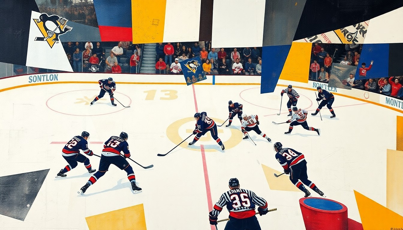A fractured, cubist-style painting depicting the action and movement of a hockey game between the New York Islanders and Pittsburgh Penguins, with the players and ice surface broken down into overlapping geometric shapes and planes of color.