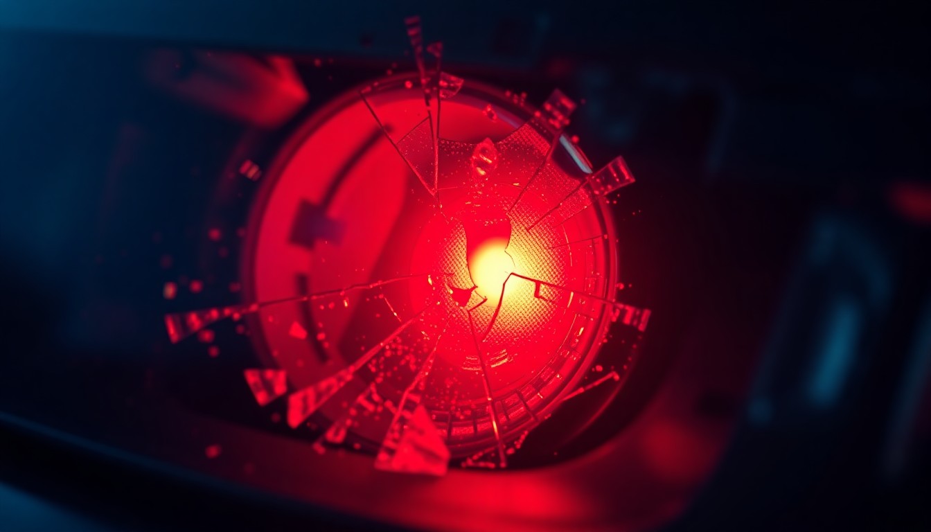 An extreme close-up photograph of a shattered car sensor lens reflecting a faint red light, conceptually representing the aftermath of a tragic school bus accident.