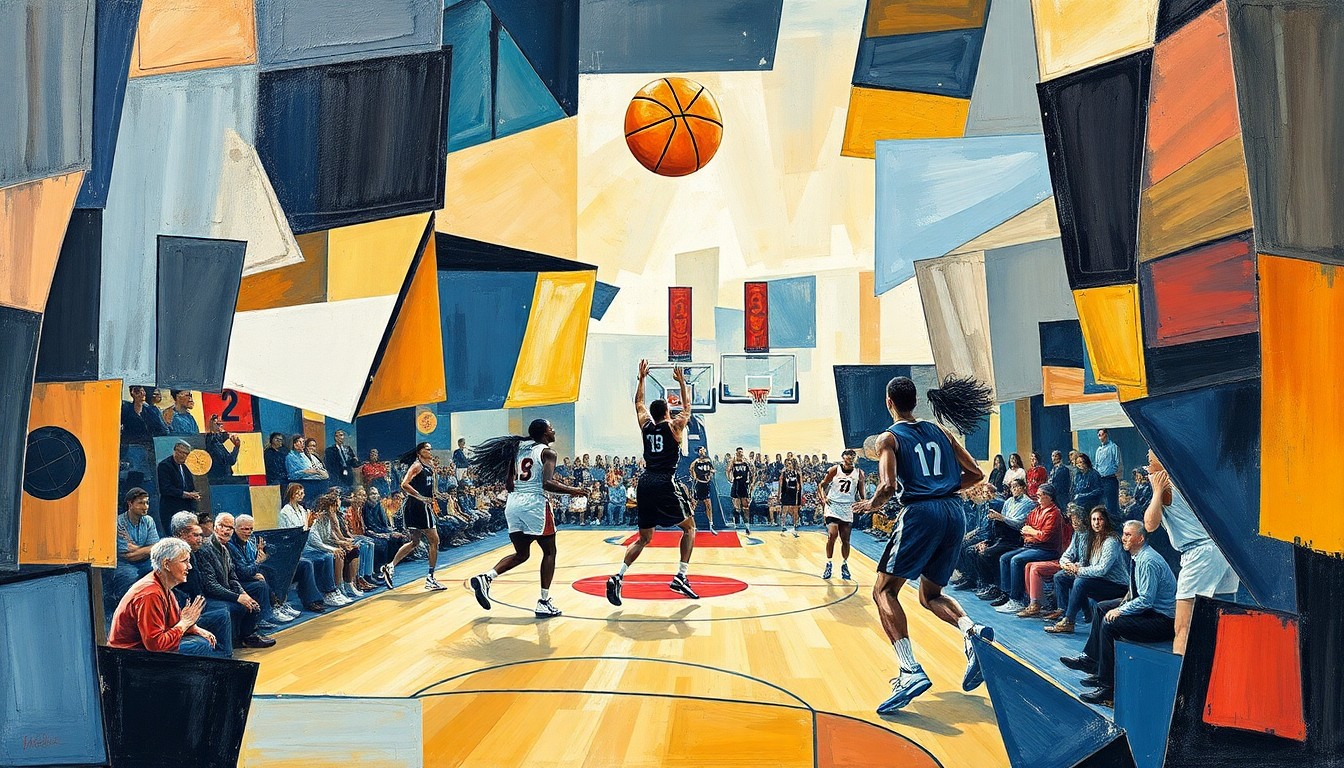 A fragmented, geometric painting depicting the dynamic movements and energy of a women's basketball game, with players and the court broken down into overlapping angular shapes and planes.
