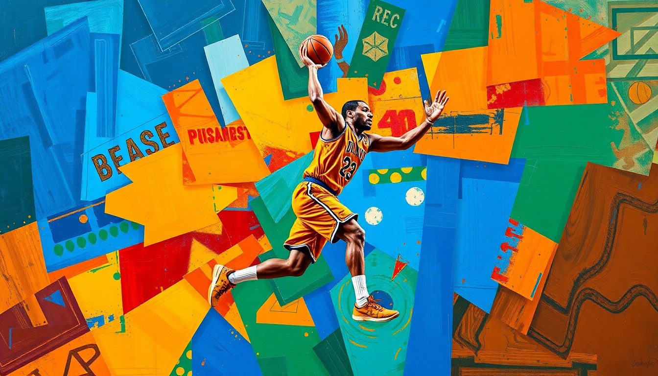 A cubist-style painting featuring fragmented, geometric shapes in vibrant colors that suggest the dynamic movements of a basketball player, conveying the uncertainty surrounding Marvin Bagley's injury status.