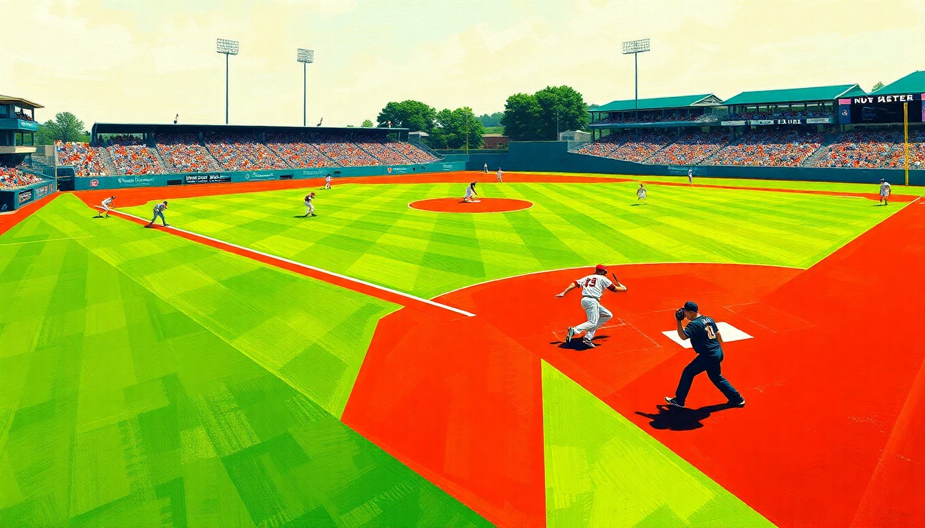 A cubist, geometric illustration depicting the dynamic action of a college baseball game, with overlapping planes of green grass, red dirt, and players' silhouettes in motion, capturing the energy and excitement of the sport.